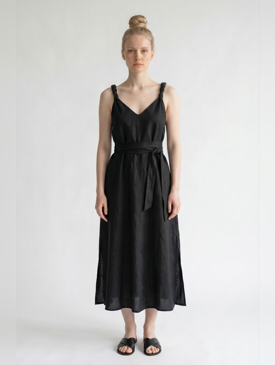 Pavietra Dresses & Skirts - Pavietra Black Linen Dress Braided Straps Self-Tie Belt V-Neck Side Slits Midi